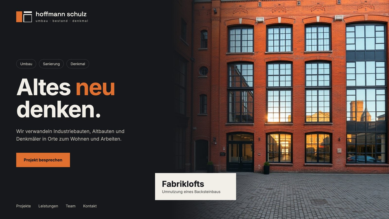Startseite für ein Architekturbüro (Umbau & Denkmal) – Gestaltungsidee der Agentur Emilian