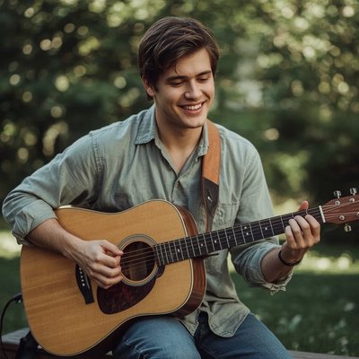 Singer-Songwriter spielt Akustikgitarre im Garten