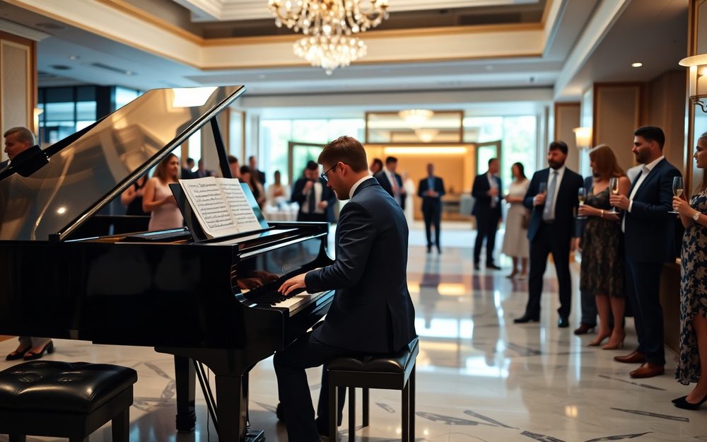 Pianist spielt am Flügel bei einem Empfang