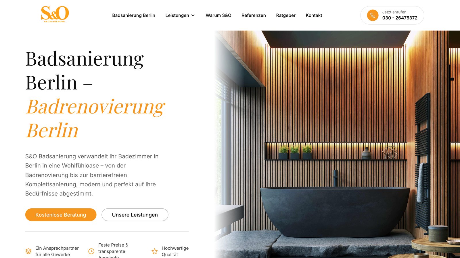 Website S&O Badsanierung – Webdesign-Referenz der Agentur Emilian