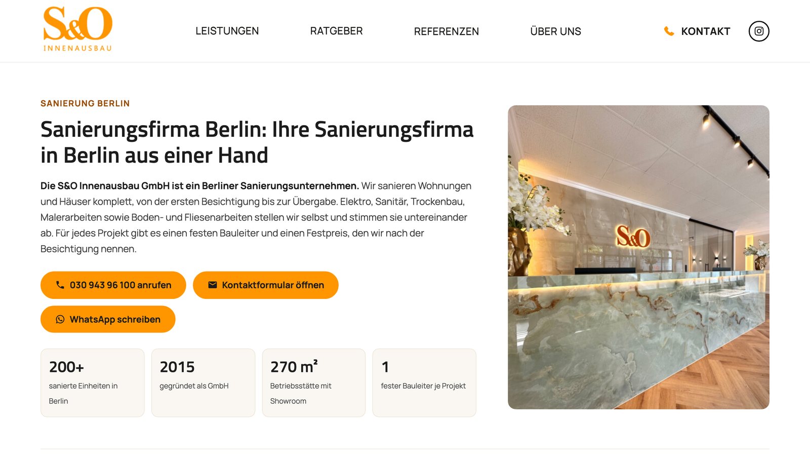 Website S&O Innenausbau – Webdesign-Referenz der Agentur Emilian